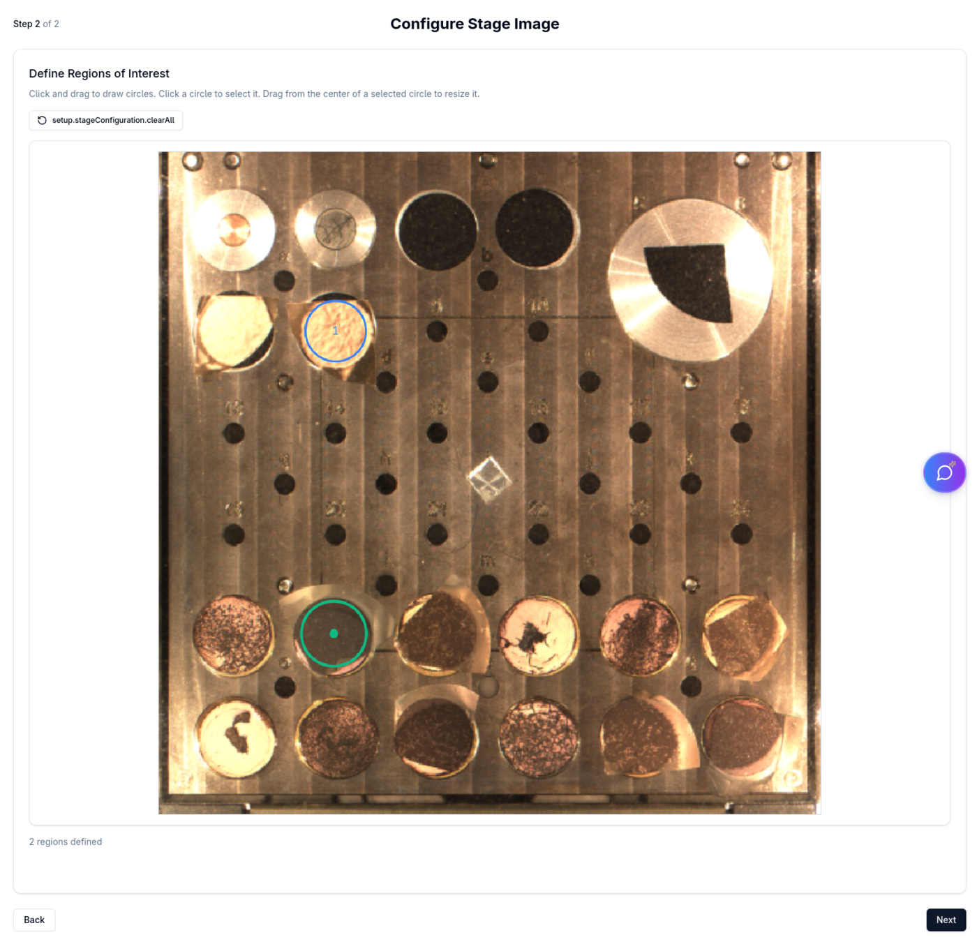 Drawing circular stub regions on the stage image